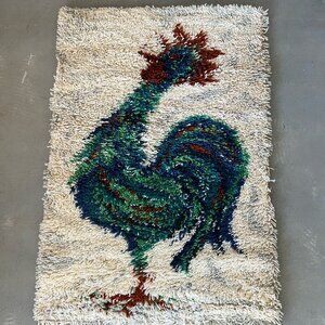 1960's AIDA Rooster Off White Green UNUSED Mid Century Rya Rug Modern Wool